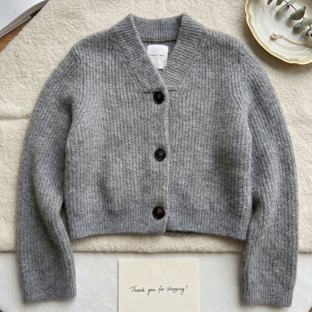Part Two Gray Mohair Wool Blend Ribbed V Neck Cardigan Women’s S Scandinavian